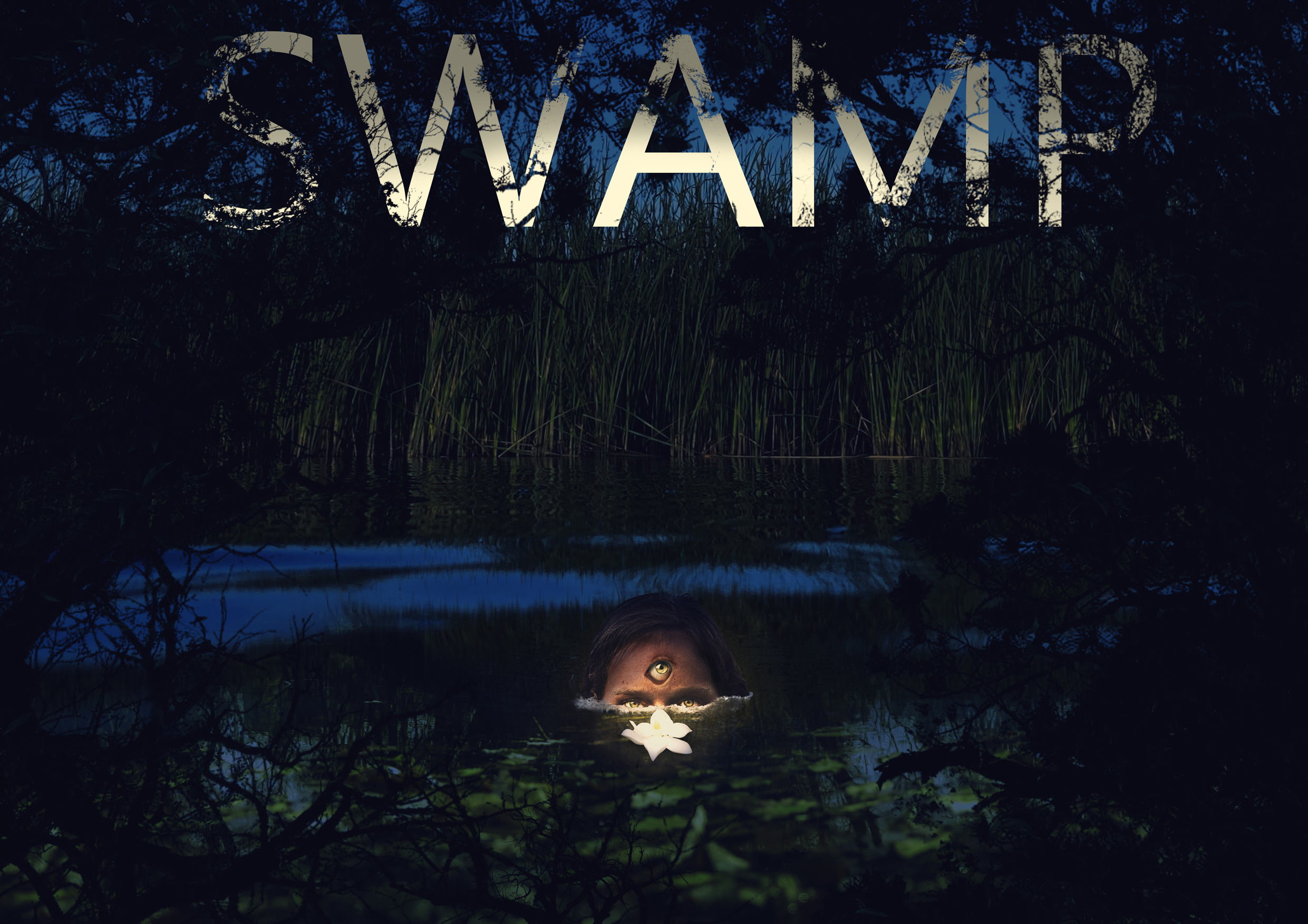 Affiche de film montrant un monstre dans un marais.